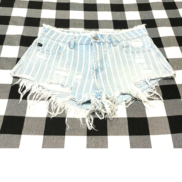 KanCan Pants - KanCan Blue White Striped Distressed Ripped Denim Jean Shorts Shortie Frayed